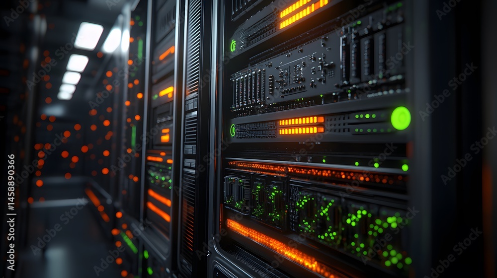 Poster close-up view of server racks in a data center.