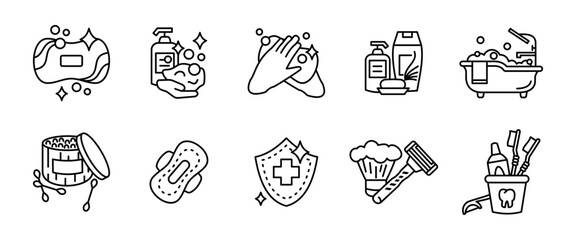 Personal hygiene icon set. Soap, handwashing, toothbrush, skincare products, shaving tools and bath outline accessories. Cleanliness and daily care routine line symbol. Sanitary care pictogram.
