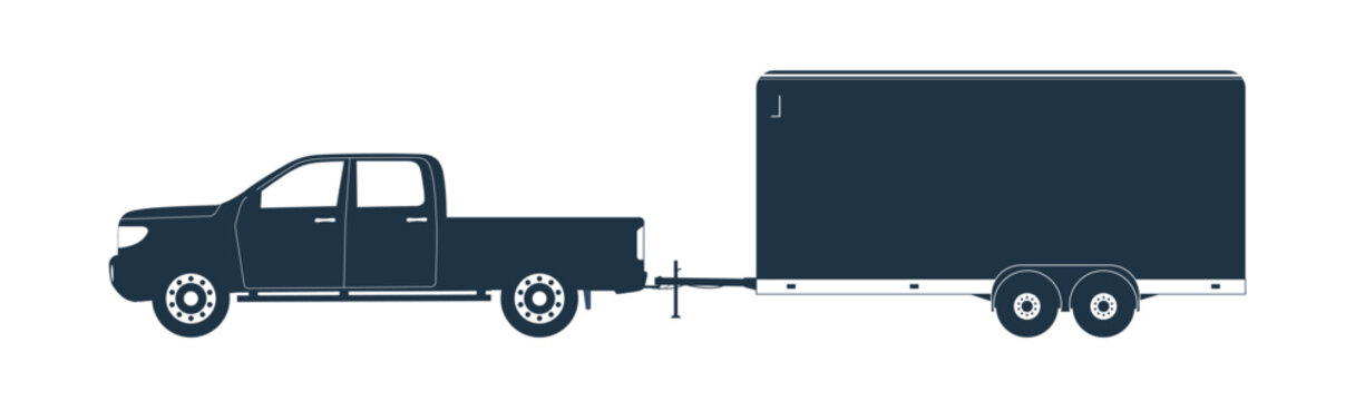 A pickup truck tow 2 axle closed trailer. Vector illustration.