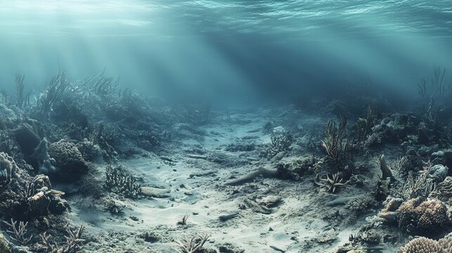 A haunting underwater scene of a dying coral reef, its once-vibrant structures now pale and lifeless. 