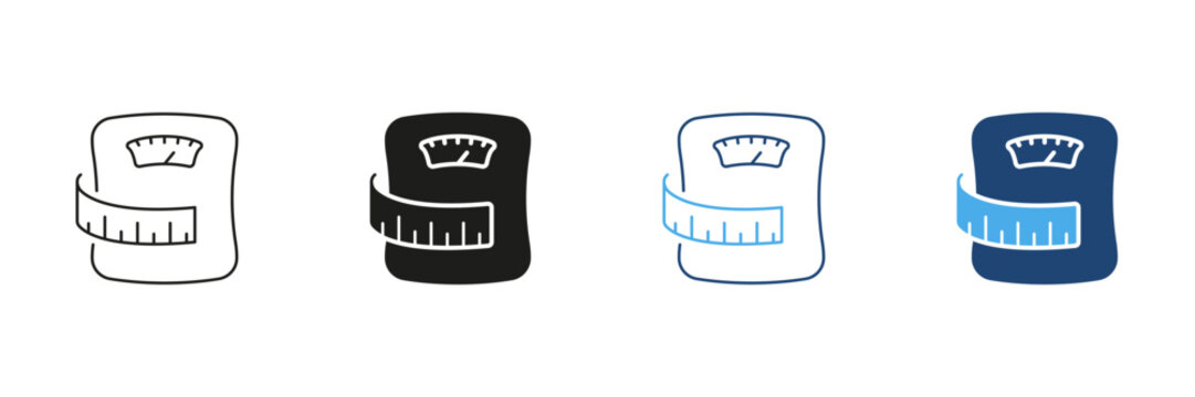 Scale With Measuring Tape, Weight Control And Fitness For Healthy Living Line and Silhouette Icon Set. Weight Management And Health Tracking. Isolated Vector Illustration