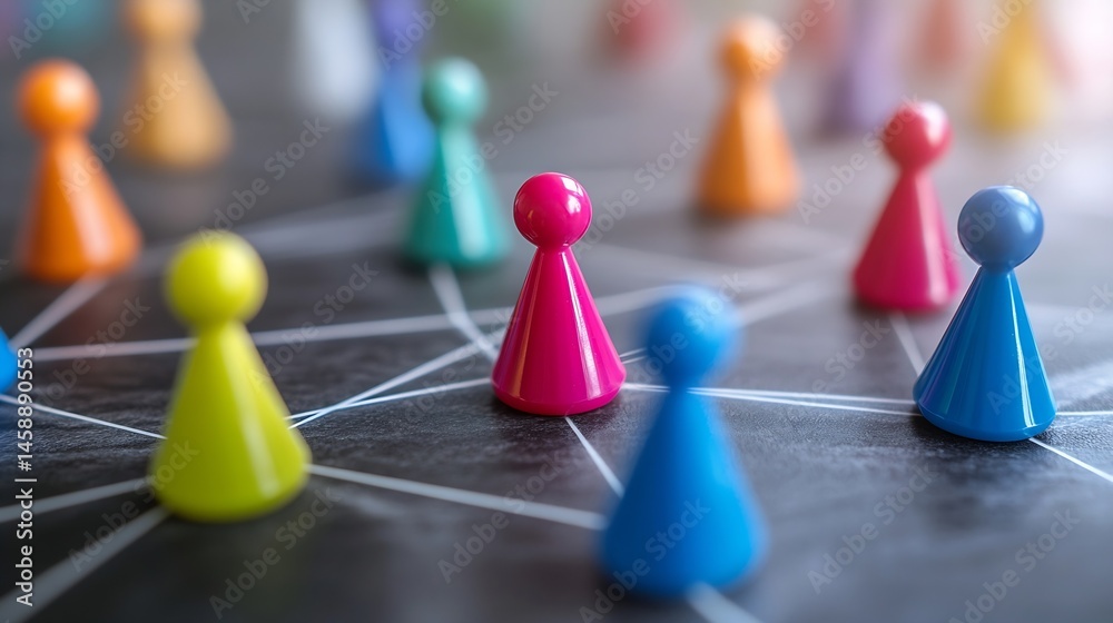 Poster Colorful game pieces form a network on a dark surface, illustrating connection and communication in a business or social context. : Generative AI
