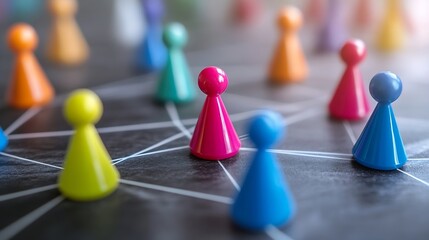 Colorful game pieces form a network on a dark surface, illustrating connection and communication in a business or social context. : Generative AI