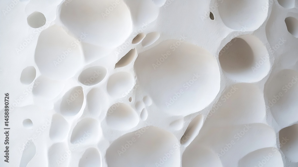 Poster abstract white textured surface with irregular organic holes and cavities, resembling porous stone o