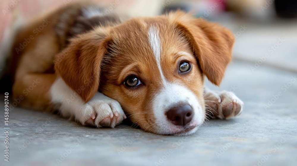 Aufkleber adorable brown and white puppy resting on a gray surface, showing its paws and expressive eyes. a he