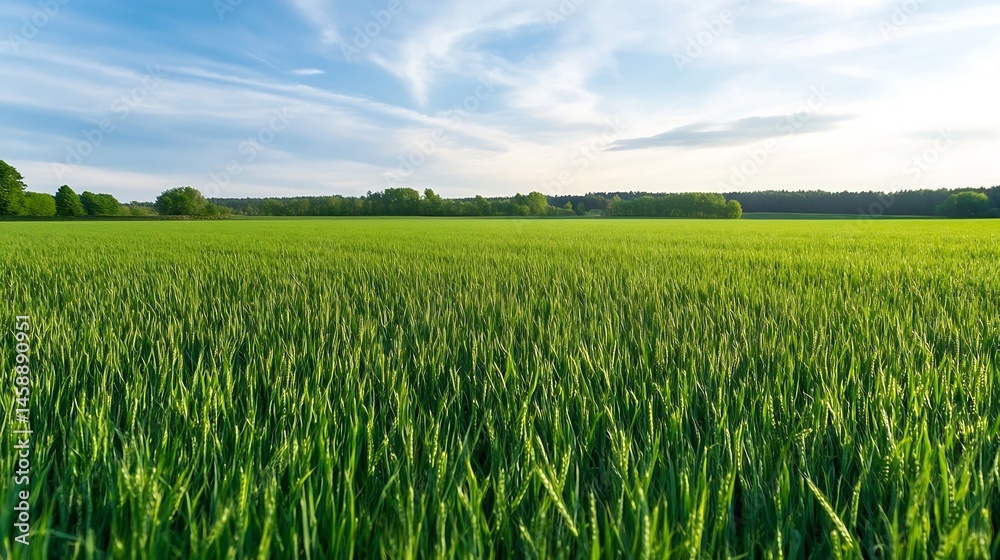 Poster vast green wheat field under a partly cloudy sky, extending to a tree line on the horizon. the vibra