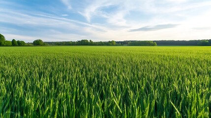 Vast green wheat field under a partly cloudy sky, extending to a tree line on the horizon.  The vibrant green of the young wheat contrasts beautifully with the blue sky and fluffy whit : Generative AI
