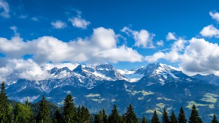 Naklejka premium Majestic snow-capped Alps mountain range under a vibrant blue sky, partially veiled by fluffy white clouds, with a foreground of dark green evergreen trees. : Generative AI