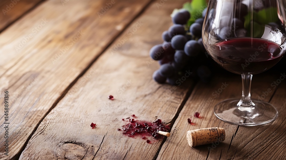 Poster a glass of red wine sits on a rustic wooden table, next to a bunch of grapes and a spilled cork, wit