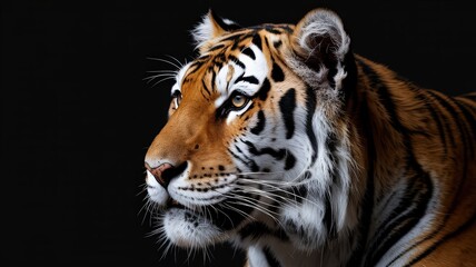 Naklejka premium Close-Up of Tiger’s Eye, Nose, and Whiskers with Detailed Fur Against Black Background for a Dramatic and Intense Wildlife Portrait
