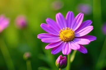 Obraz premium Perfect purple-yellow daisy, symmetrical petals, wildflower meadow , floral, flower