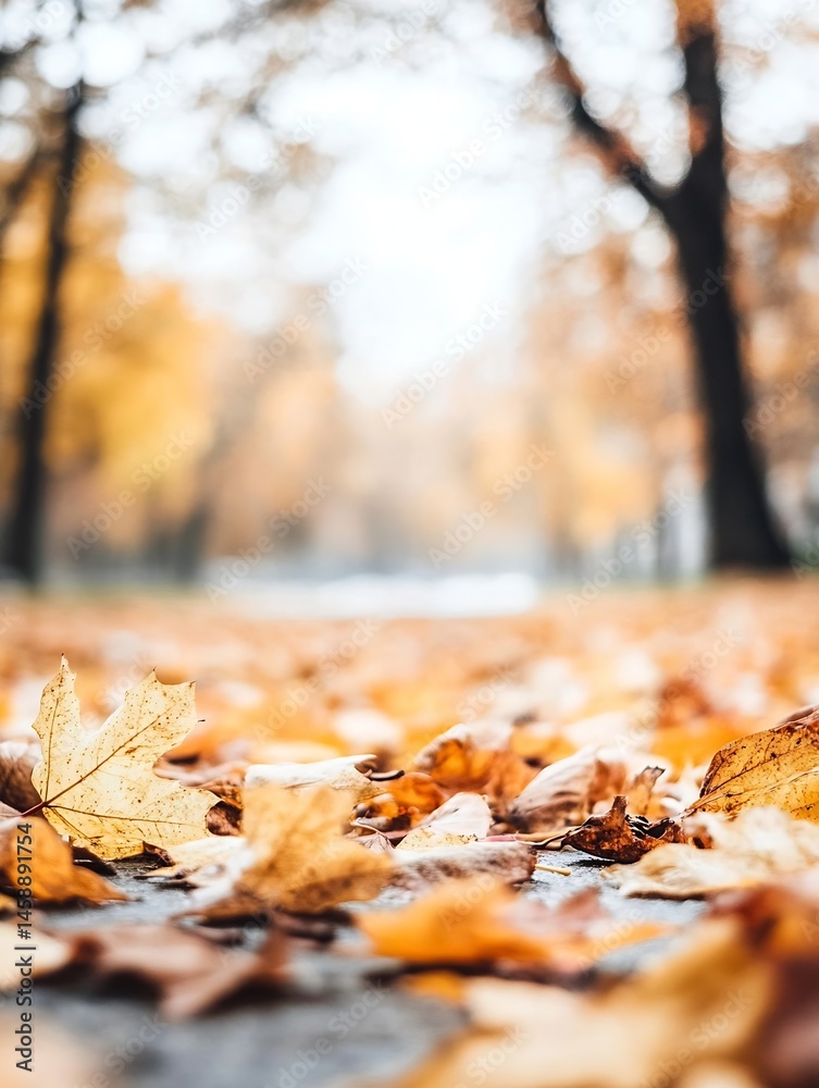 Aufkleber Close-up view of fallen autumn leaves on ground, blurred background showing trees with yellow and orange foliage in a park. : Generative AI