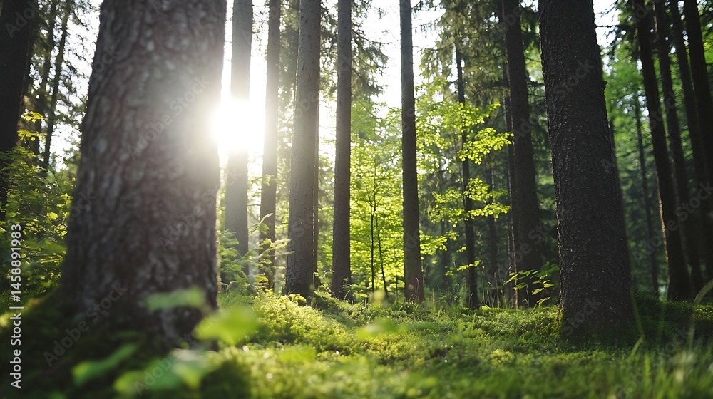 Leinwandbilder sunbeams illuminate a lush green forest floor, dappled sunlight filtering through tall pine tree tru
