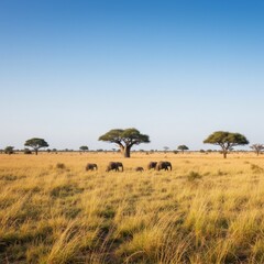 Obraz premium African Elephant Herd Grazing in Golden Grassland under a Clear Sky