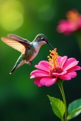 Naklejka premium Tiny hummingbird feeding, blurred motion, vibrant flower , image, small