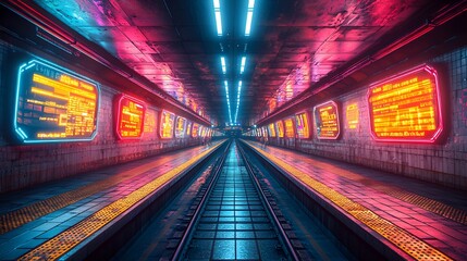 Obraz premium Futuristic neon-lit subway tunnel with vibrant colors and digital displays.