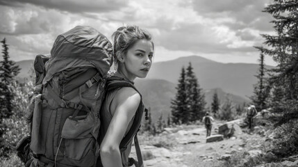 Young caucasian female adventurer hiking in mountain landscape with backpack