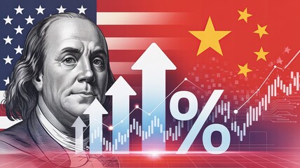 Digital Composite of Economic Charts and Percent Symbols Rising Over US and China Flags with Franklin’s Face, Symbolizing Growth, Trade Tension, and American Tariffs in Red Glowing Tone