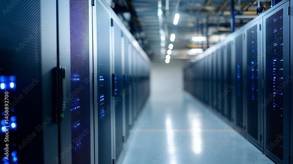 Aufkleber a long corridor of server racks in a modern data center, illuminated with blue lights, showcasing ad