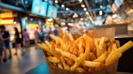 Crispy golden french fries in a busy food court setting