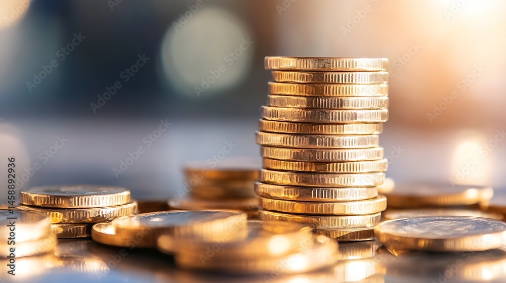 Aufkleber Close-up shot of a tall stack of golden coins, with other smaller stacks of coins in the foreground, illuminated by warm sunlight. : Generative AI