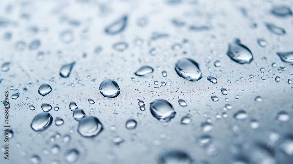 Aufkleber Close-up view of numerous water droplets on a cool, smooth surface, reflecting light with a subtle blue tint, creating a refreshing and tranquil scene. : Generative AI