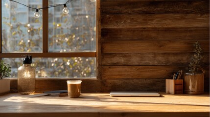 Minimalist wooden workspace with clean design, bathed in soft natural light - modern simplicity meets functional elegance