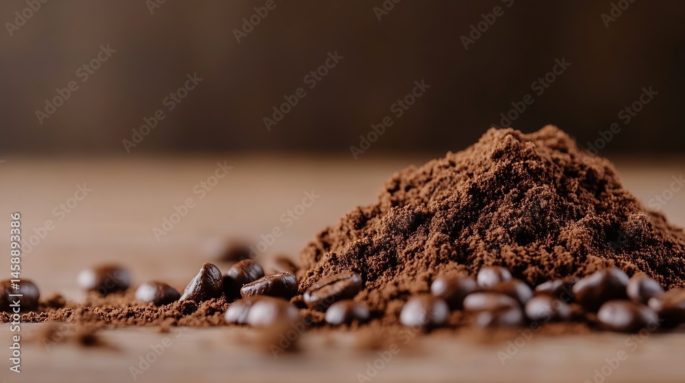 Poster close-up view of a pile of dark brown coffee grounds with several roasted coffee beans scattered aro