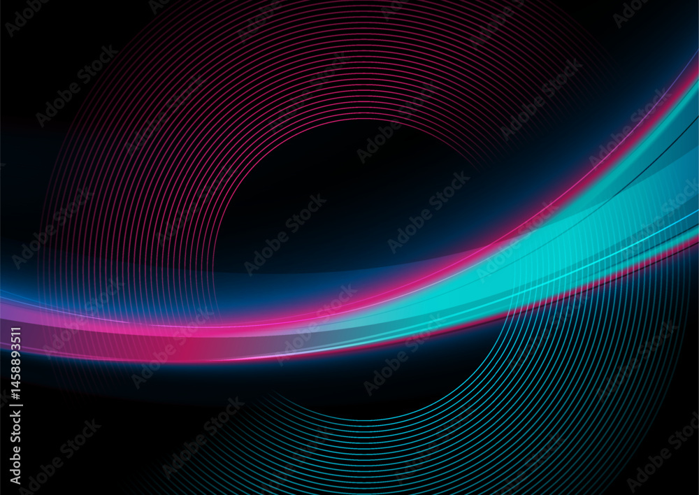 Poster Blue and purple shiny elegant abstract background with glowing waves and circular lines. Concept modern vector design