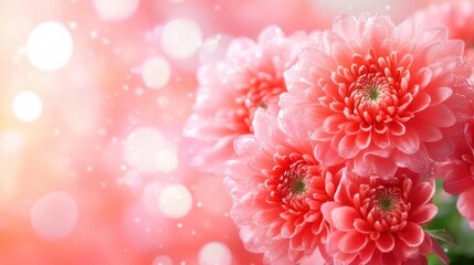 Exquisite coral pink dahlia flowers clustered together create a soft, romantic composition with glitte bokeh highlights and depth of field.