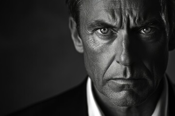 Fototapeta premium A black and white close-up portrait of a man with a serious, intense expression.