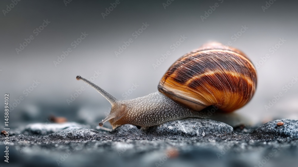Poster Close-up of a snail slowly moving across dark grey stones, its brown and beige shell gleaming subtly under soft light.