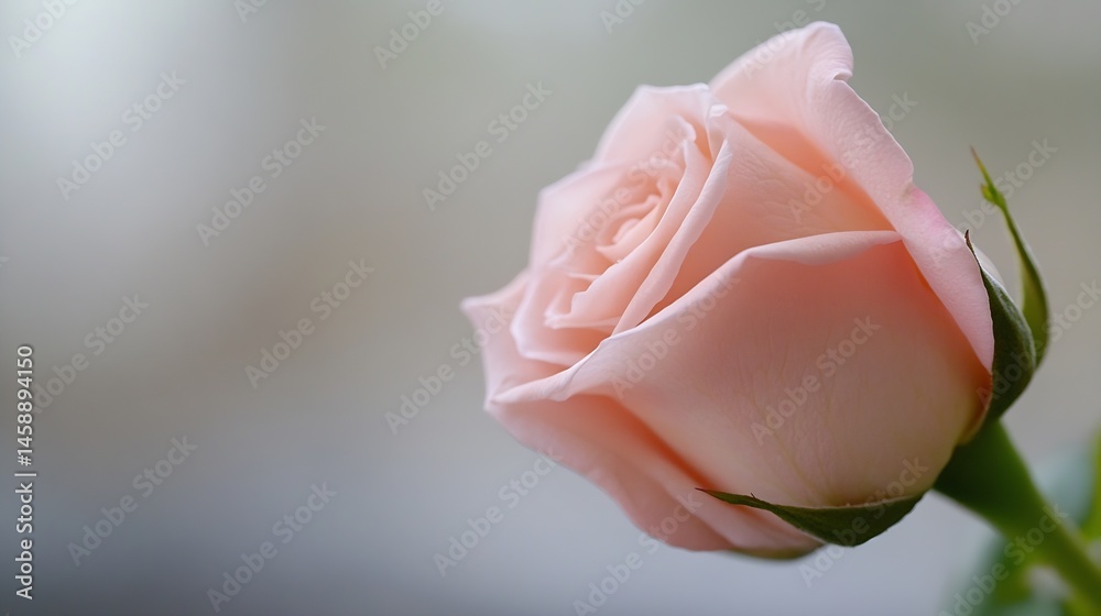 Poster close-up view of a single, light pink rose, petals softly unfurling, showcasing delicate texture and