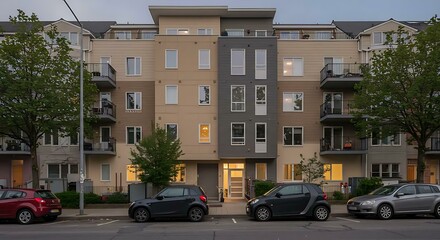 Naklejka premium Modern townhouse apartment building with a car parked on the street in front.