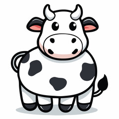 Fototapeta premium Adorable cartoon cow standing with white fur and black spots looks cheerfully at you