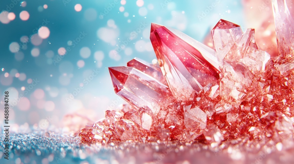 Leinwandbilder glistening red and pink crystals cluster together against a dreamy turquoise background with floatin