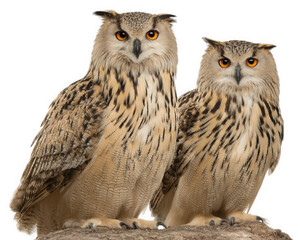 Fototapeta premium Majestic owls perched together, showcasing their striking features and vibrant orange eyes. Their intricate feather patterns and regal stance evoke sense of wisdom and mystery in nature
