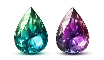 Teal and Purple Pear Shaped Gemstones on White Background