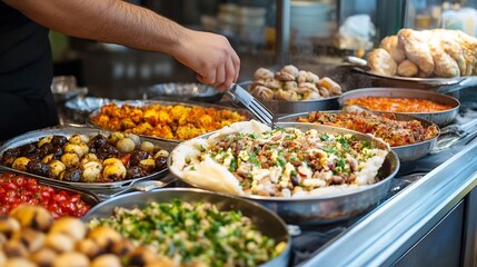 Obraz premium A person's hand uses a fork to serve a delicious-looking mediterranean dish from a metal pan, surrounded by various other food items in a buffet setting. : Generative AI