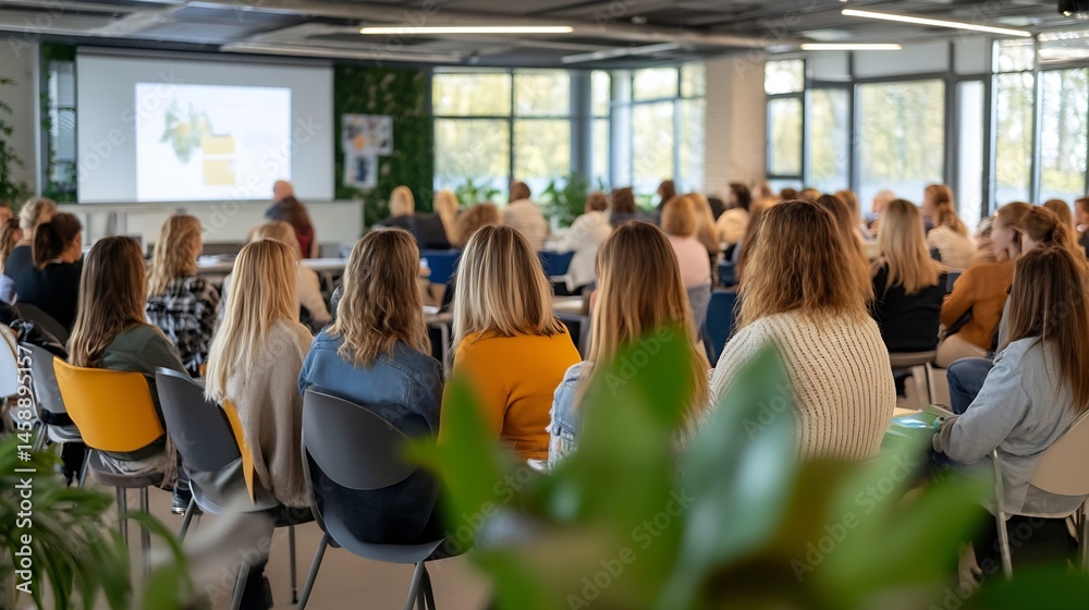 Poster attentive audience listening to a presentation in a modern, bright office conference room. rows of p