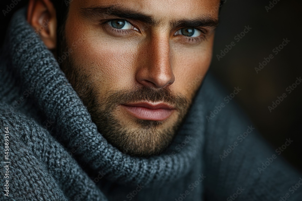 Aufkleber close-up portrait of a handsome man with a beard wearing a turtleneck sweater.