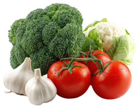Fresh broccoli, tomatoes, garlic, and cauliflower arranged together create vibrant and healthy display of vegetables. This colorful assortment is perfect for nutritious meals and adds delightful