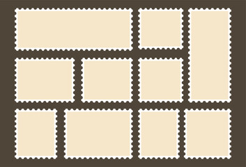 Postcard stamps template set. Blank postage stamps. Jagged wavy edge forms border collection PNG