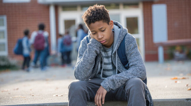 Sad african american teen boy sitting alone outside school building - Powered by Adobe