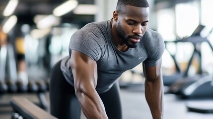 A focused, muscular black man bends over, concentrating intensely during a weightlifting workout at a modern gym, showcasing his strength and dedication. : Generative AI