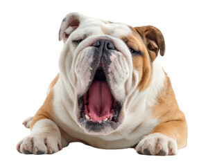 Obraz premium Bulldog with funny expression is caught mid yawn, showcasing its unique features and playful demeanor. This adorable pet exudes charm and personality, making it delightful subject