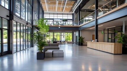 Modern office lobby interior with large windows, polished concrete floor, and contemporary furniture.  Plants add a touch of nature to the spacious, bright workspace. : Generative AI