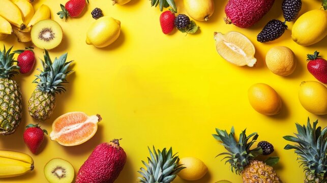 Vibrant Summer Fruit Flatlay: Pineapple, Strawberry, and Citrus on Yellow