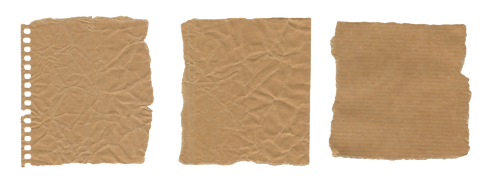 Set of Crumpled Paper Sticky Notes with Torn Edges. Vintage Aesthetic for Scrapbooking and Collages, Isolated on Transparent Background