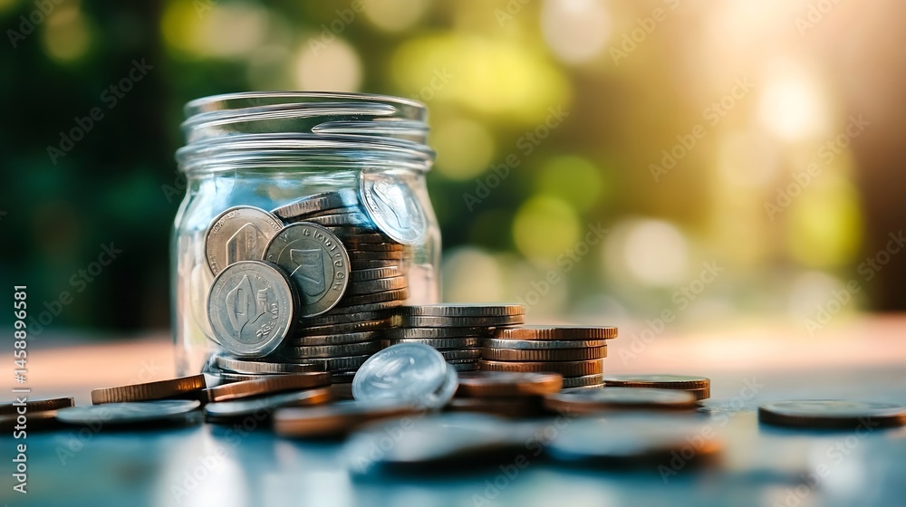 Poster a glass jar filled with stacks of coins sits on a table, with more coins scattered around it, agains